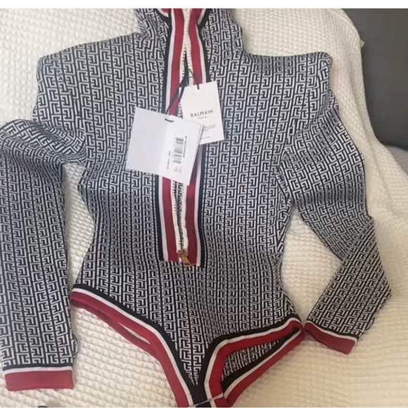 Balmain Tops - Balmain Monochrome Bodysuit with Red Trim